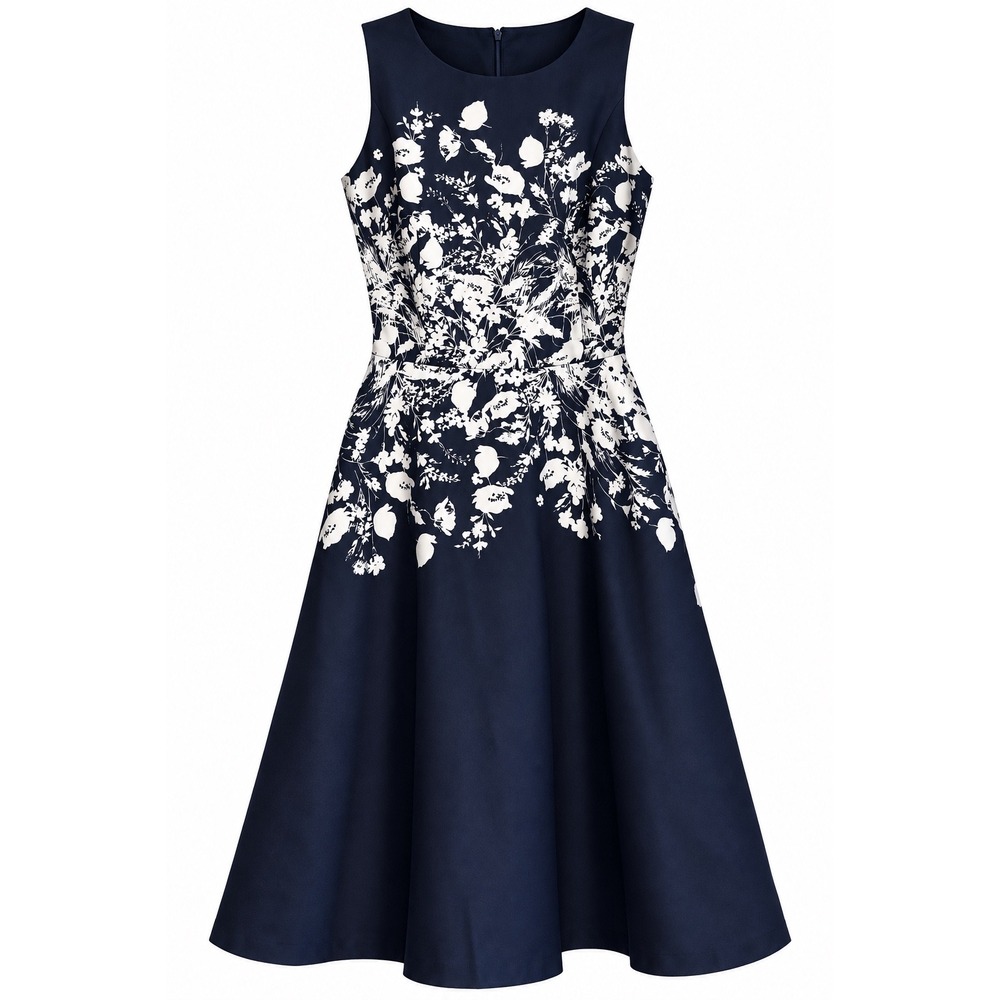 Donna Morgan Fit Flare Dress Size 2 Navy White Floral Pockets Wedding Guest